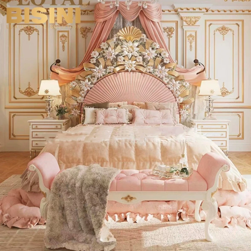 Beauteous Italy Milan Style Big House Princess Girls Bedroom Pink Bed Set Wood Carved Butterflies flowers Double Bed