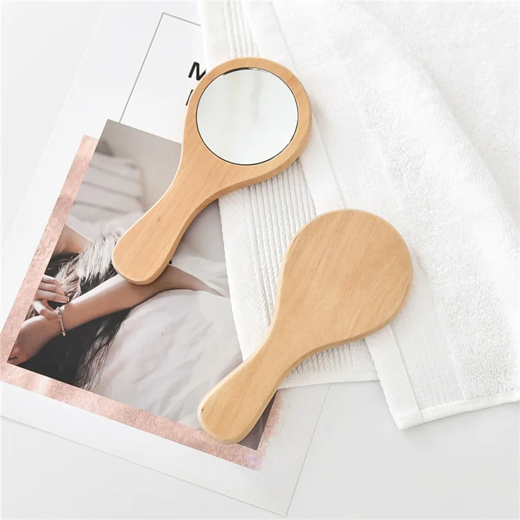 Amazon hot sale fashion one side round pocket mirror wooden bamboo mini portable pocket small handheld lash makeup mirror