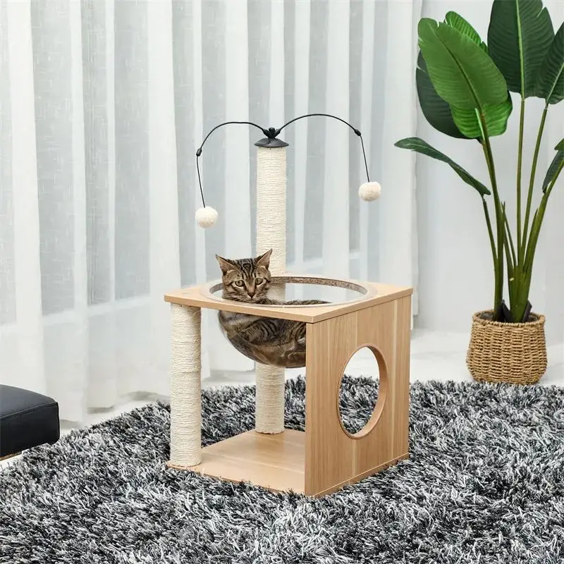 Wooden Cat Tree Scratching Post for Small Cats Kittens Transparent Acrylic Nest with 2 Rotatable Hanging Balls High Quality