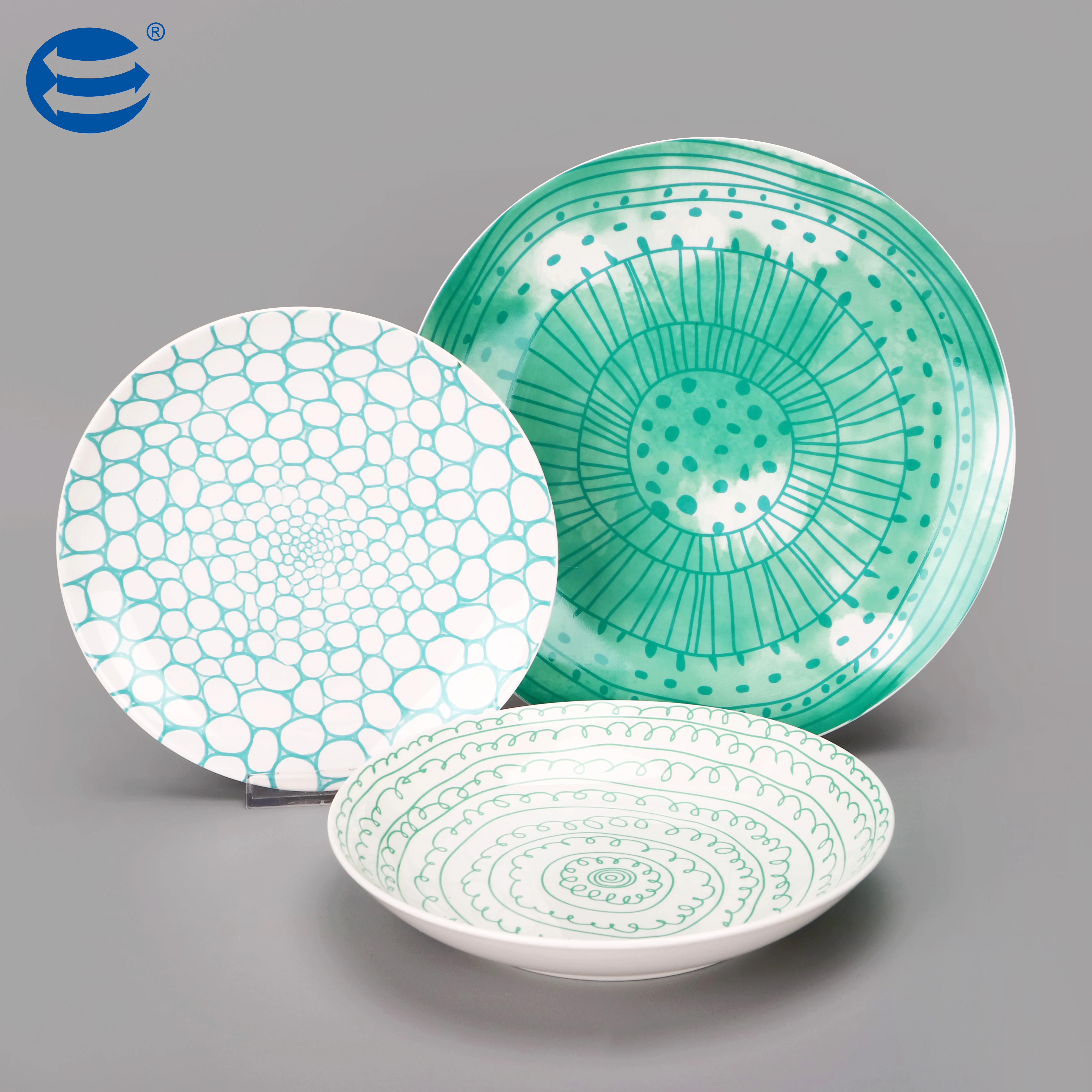 High Quality Bone China Tableware Set Green Decal Ceramic Dinnerware Eco-Friendly Porcelain Plate Mug Collection Green Decal