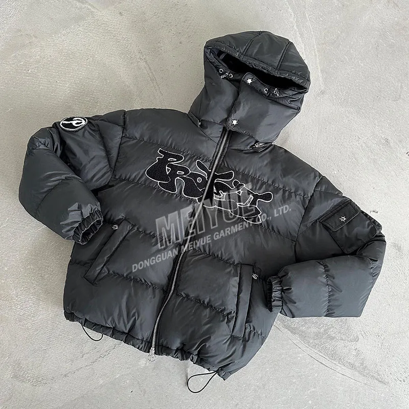 Custom Winter Cropped Down Coats Ultra Light Duck Goose Embroidery Chenille Padded Detachable Hat Bubble Puffer Jacket For Men