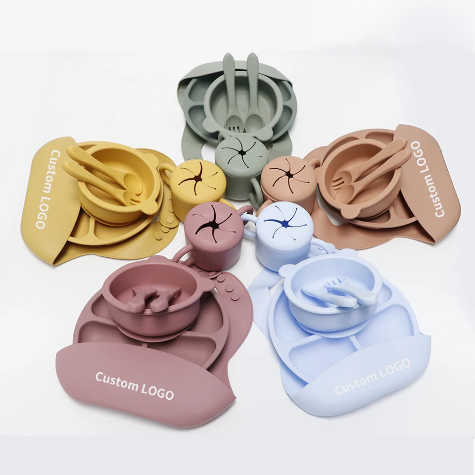 Customized Baby bowl strong suction set food custom silicone suction bowl silicone baby with spoon bib Silicone Baby Feeding Set