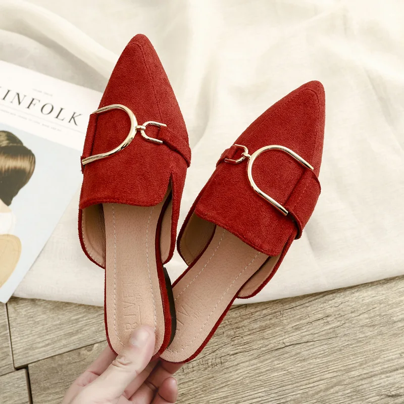 
The New Listing Spring Pointed Toe Slippers Ladies Outdoor Suede Mules Flat Shoes Fashion Causal Woman Shoes 