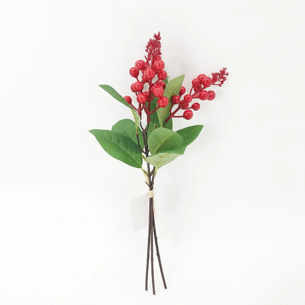 Christmas Artificial Green Plants with Red Berry Picks Winter Holly Fruits Bush and Green Foliage for Weddings and Gardens