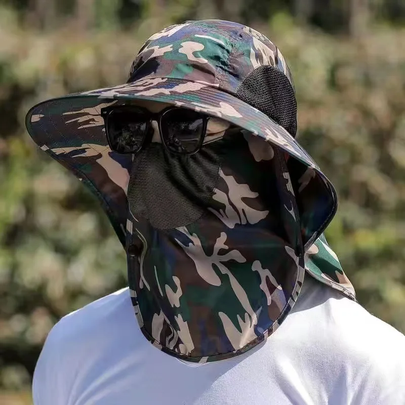 Outdoor UV Protection Sun Hats Couples Light String Bucket Fishing Bucket Hat with Face and Neck Cover for Men Sports Caps Plain