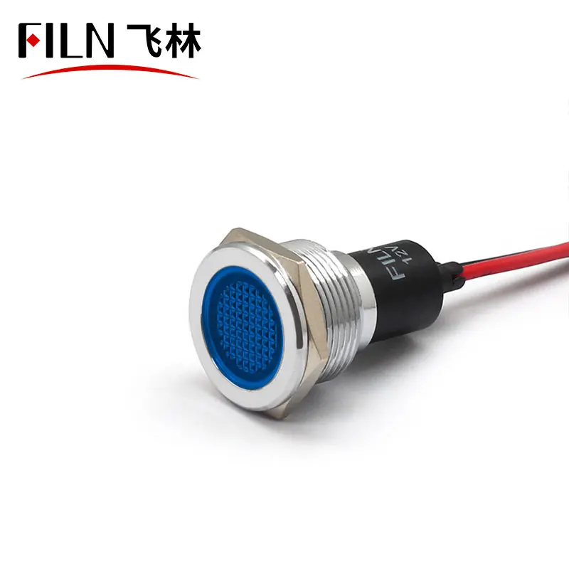FILN 19mm miniature led indicator lamps, wire leading antivandal waterproof indicator IP67 flat head red green 12V with symbols