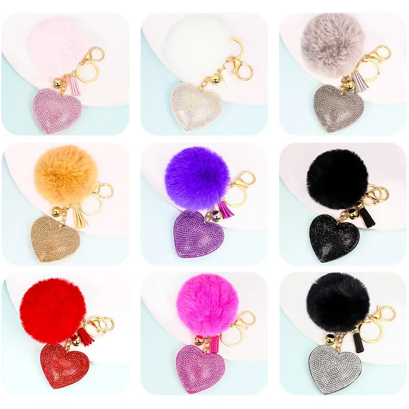 Custom Tassel Pendant Key Chain Korean Velvet Love Heart Shaped Diamond Keychains Pom Pom For Women