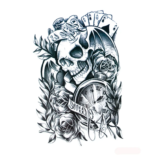 custom HB half sleeves water proof skull and  clock arm temporary tattoo