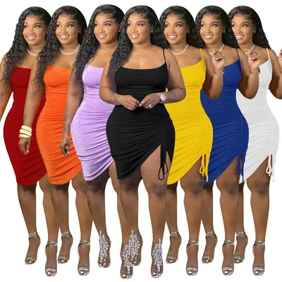 Plus Size Solid Color Spaghetti Strap Single Side Pleated Fashion Dresses Summer Bodycon Dress Beach Korean Dress For Women