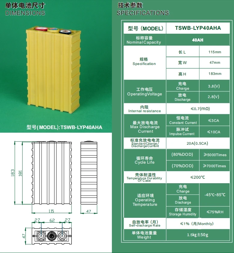 Factory Direct Supply 3.2v 40Ah 300Ah 400ah 700ah Winston lifepo4 battery for 5kwh off-grid photovoltaic energy storage system