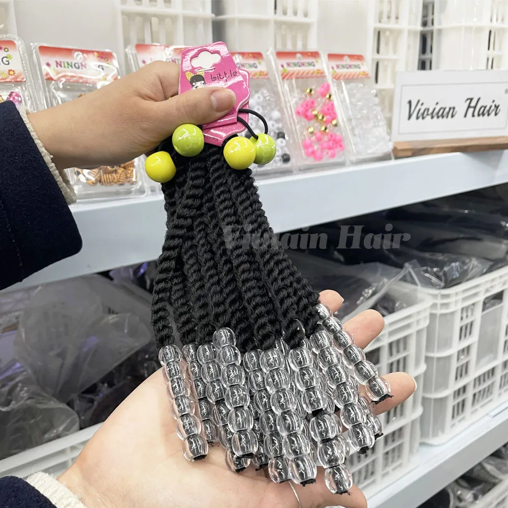 Vivian hair products wholesale kids ponytail extensions with beads braided ponytail beads for kids colorful acrylic clear beads
