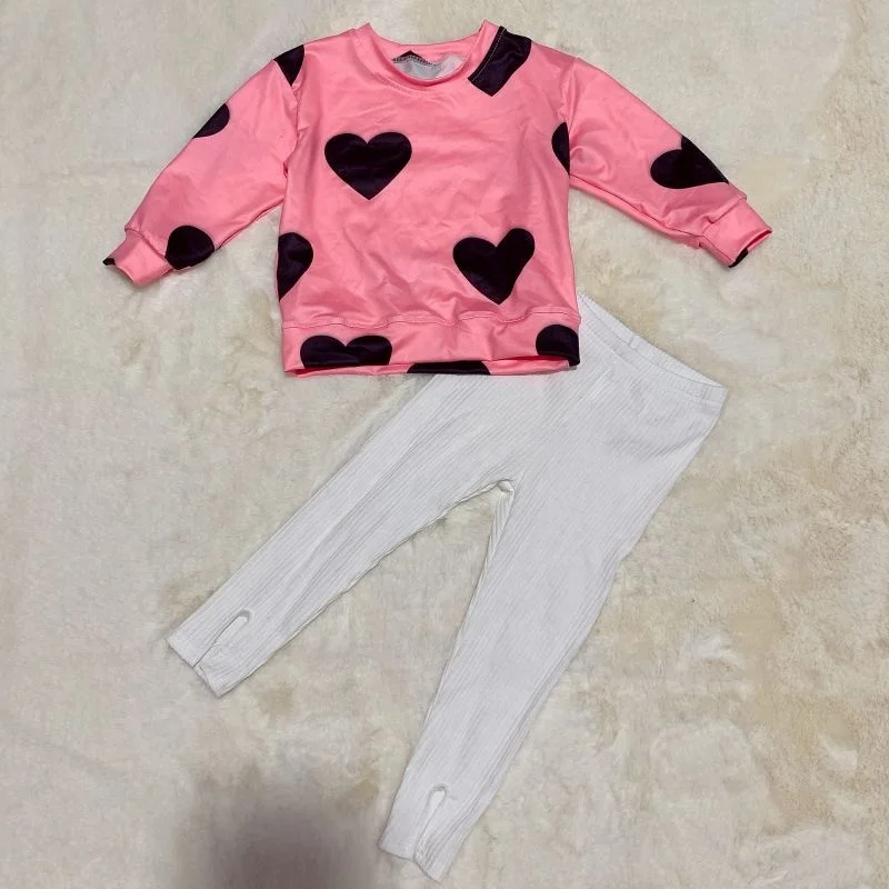 Baby Girls Pink Heart Printed Tops+Knitted cotton pit strip Leggings 2Pcs Set Lovely Teen Girls Set Kids Clothing Set