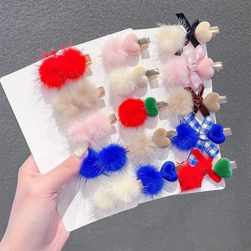 4pcs/set New Klein Blue Mink Hair Ball Hairpins Set Girl Bowknot Love Metal Temperament Set Hair Accessories