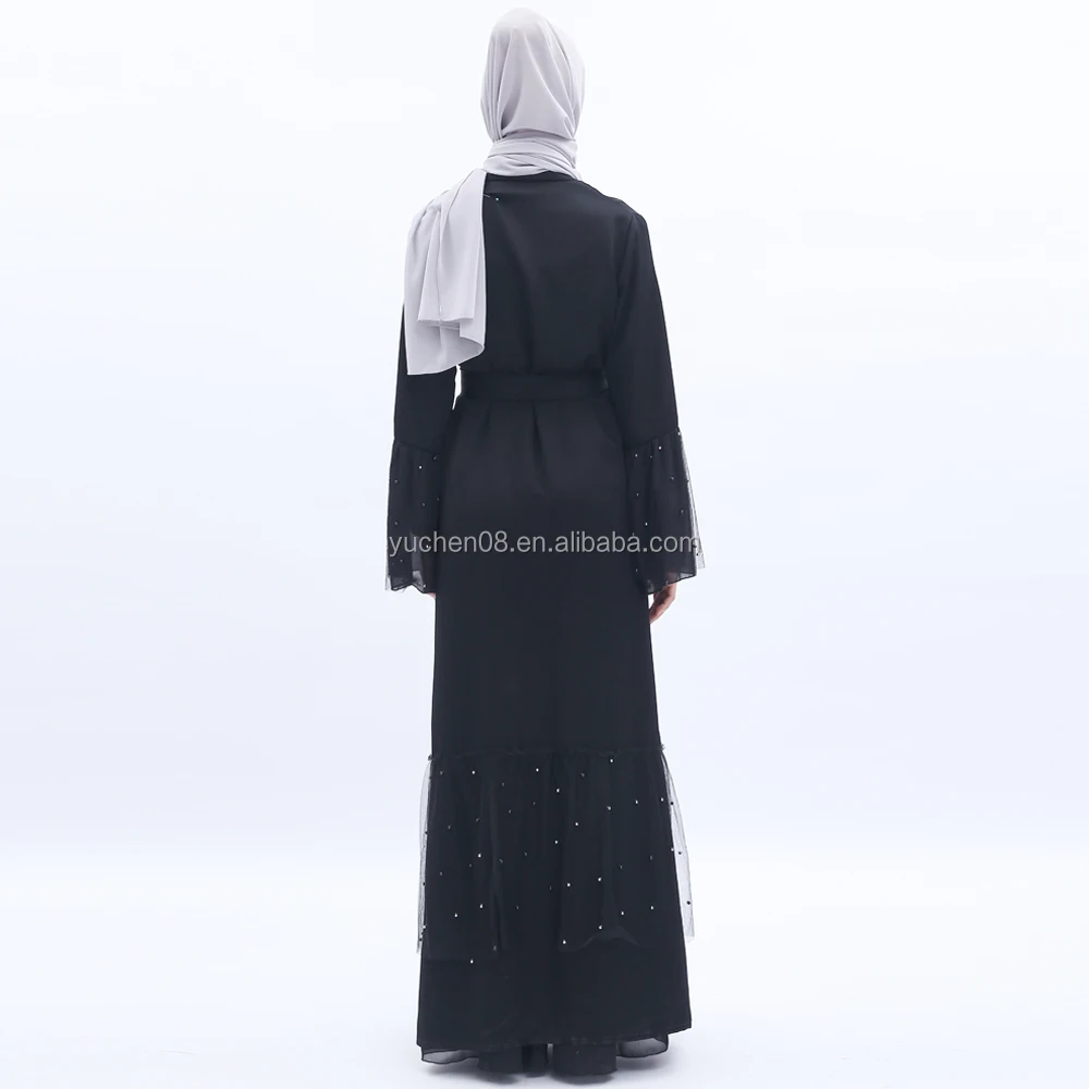 New trumpet sleeve soild black chiffon fabric plain black with  pearl  kimono islamic abaya