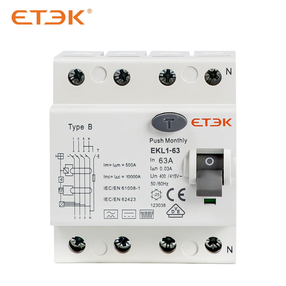 ETEK Rcd Type B ELCD AC Earth Leakage Circuit Breakers RCCB 10KA 3P+N 63A 30mA for leakage protection