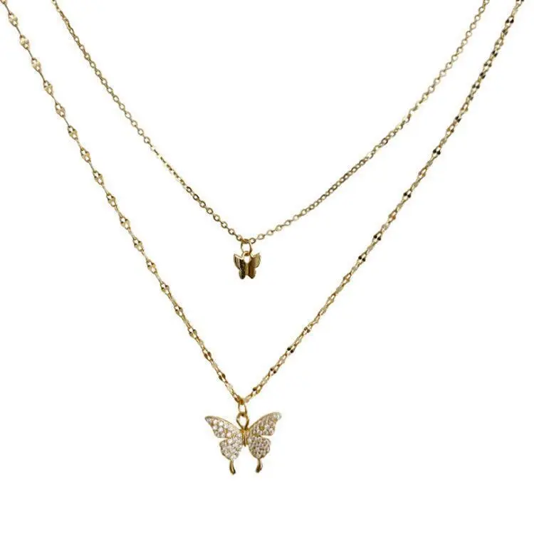wholesale women rhinestone crystal butterfly necklace gold plated double layered ladies jewelry butterfly pendant necklace
