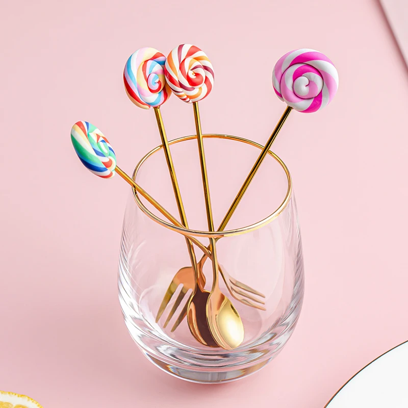 Stainless Steel Fruit Cake Fork Coffee Tea Stirring Spoon Cute Lollipop Candy Spoon