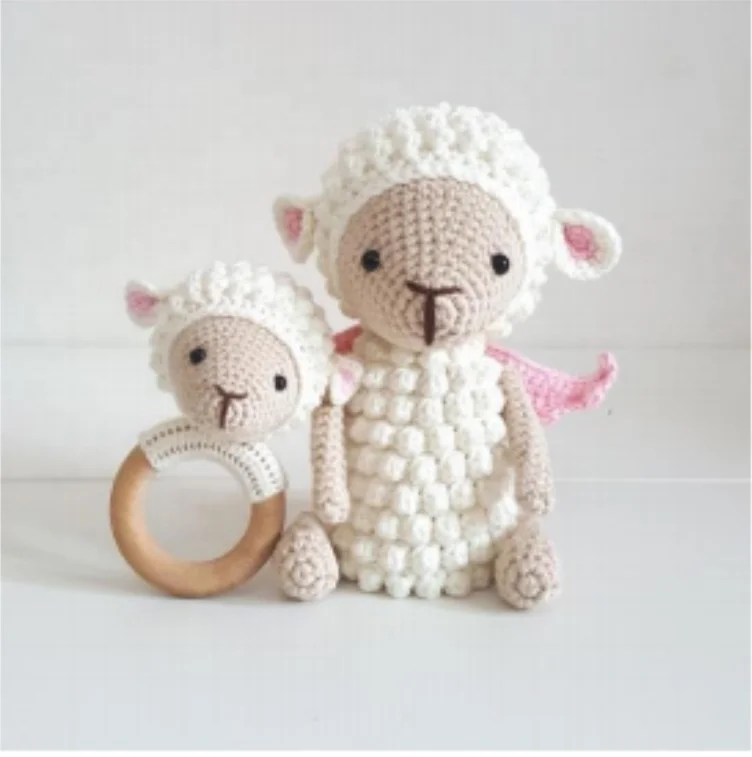 Safe Wooden Baby Rattle Teether Toys Fashion Handmade Soft Animal Shape Sheep Baby Crochet Toys