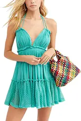 2021 summer halter deep v sexy patchwork tie beaches women clothes dresses rainbow party beach dress