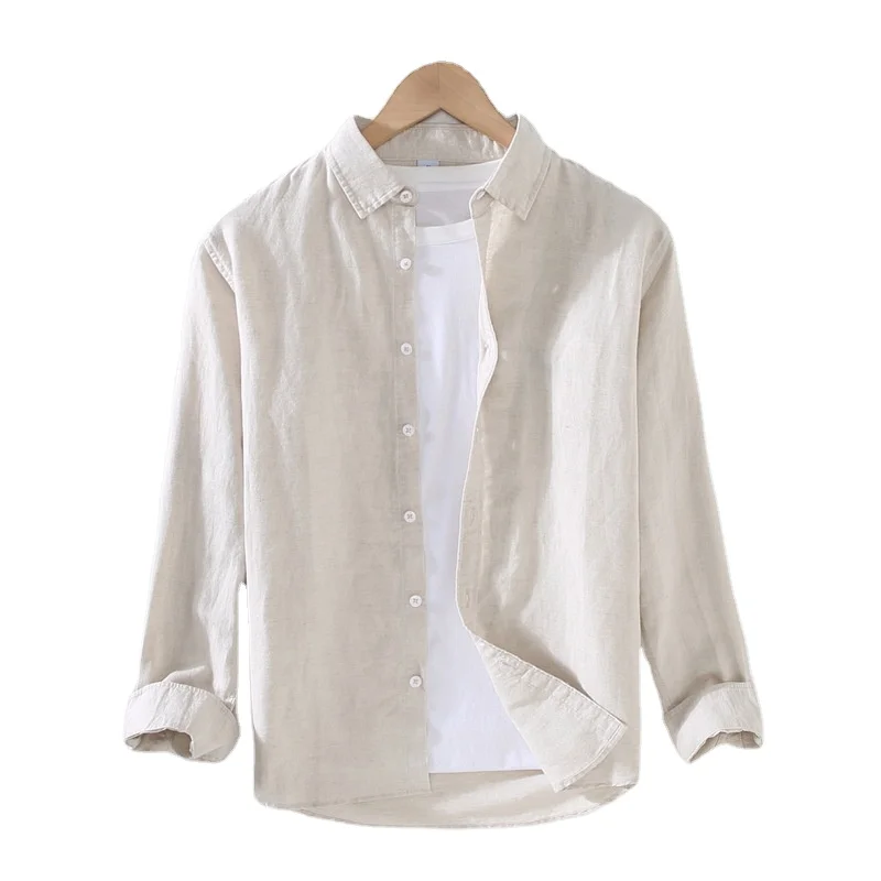 Linen Shirt Men Cotton Button Turn Down Collar Natural Linen Casual Shirts
