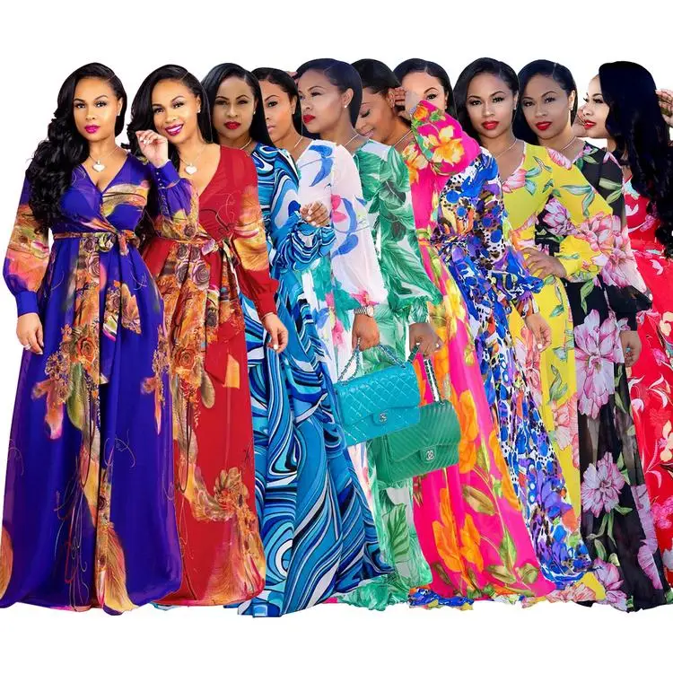 16 Colors Beach Long Sleeve V-neck Casual Chiffon Floral Maxi Dresses Women Summer 2021