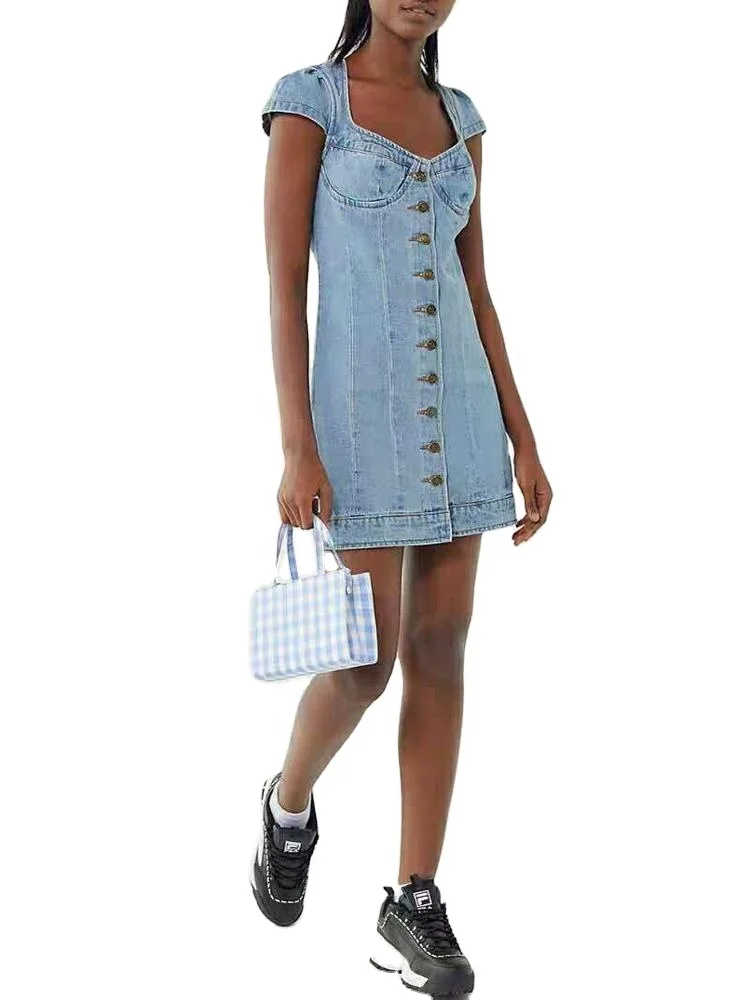 Casual Denim Sundress for Women Lace Button Decoration Simple Formal Style Bow Neckline Logo Front Back Summer Dresses Sleeves
