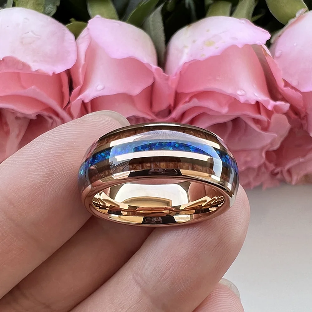 Coolstyle Jewelry 8mm Blue Opal Koa Wood Inlay Rose Gold Tungsten Carbide Ring for Men Women Fashion Wedding Band Comfort Fit