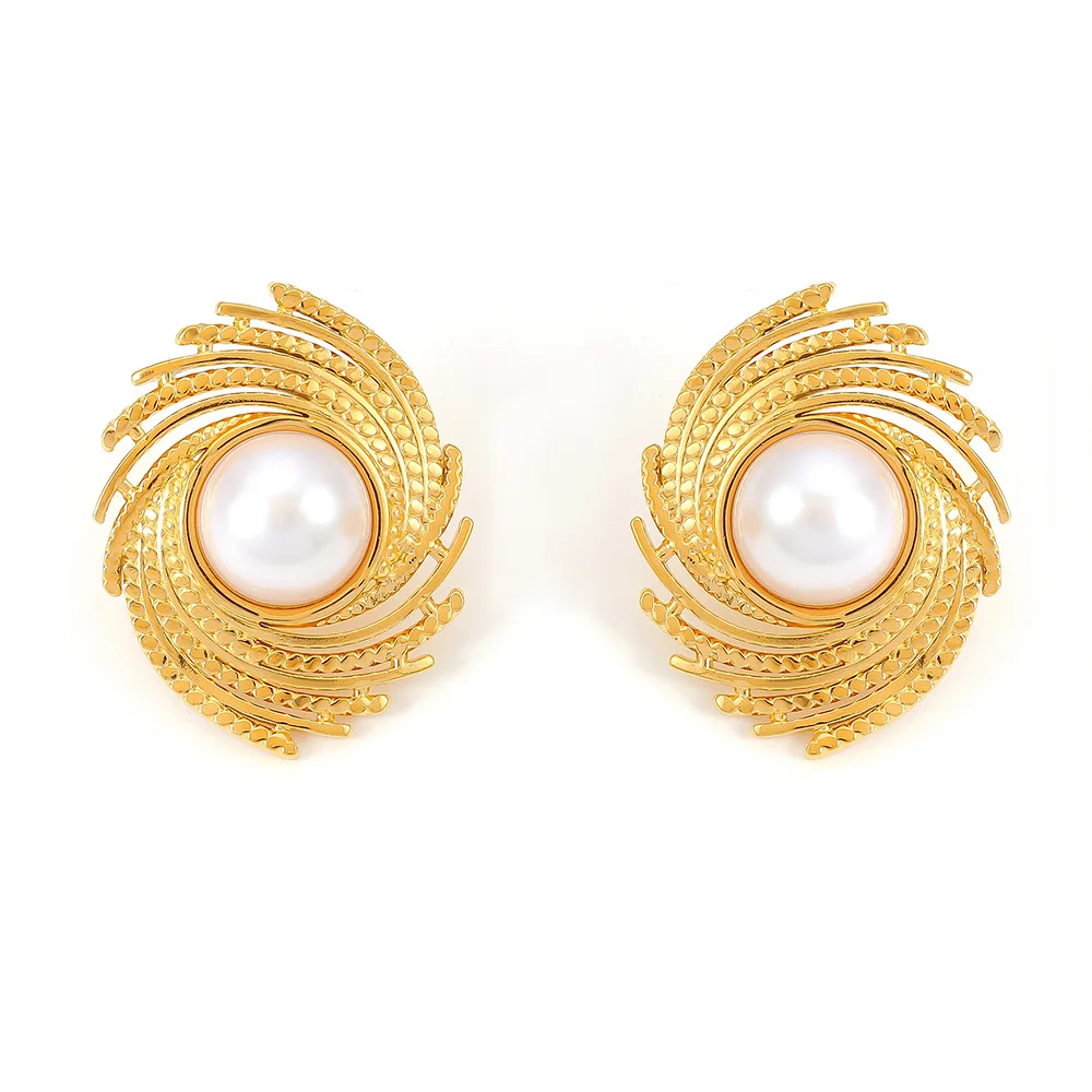 Hyperbole Irregular Geometric Earring 18k Gold Plated Stainless Steel Emerald Cat Eye Stone Inlay Spiral Coil Stud Earring