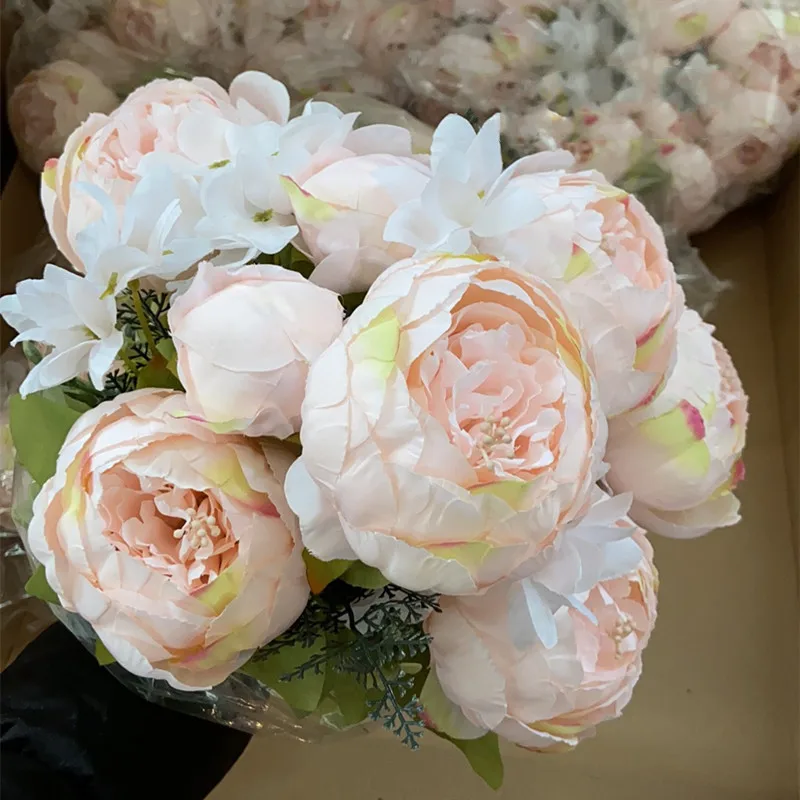 A-998 Bulk Wholesale Fabric Peonies Noble Color Light Pink White Artificial Silk Peony Flower Bunch Bouquet