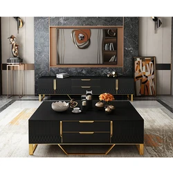 living room furniture modern white black color coffee table and tv stand set with gold stainless steel leg