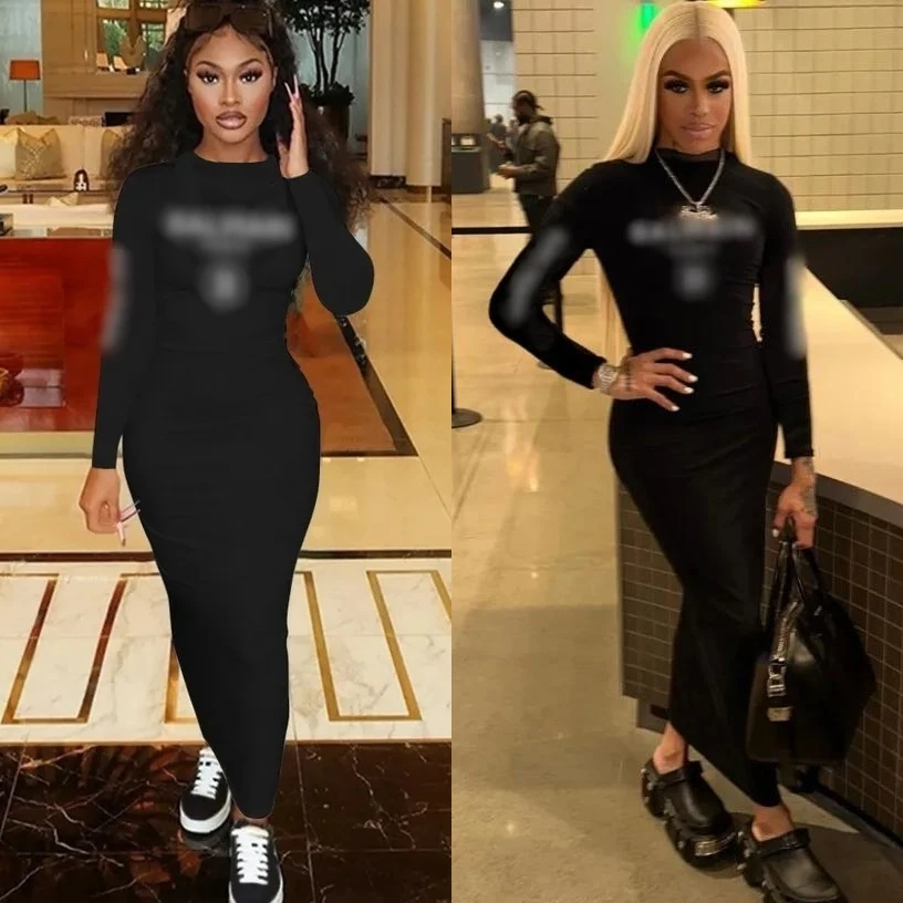 Wholesale designer clothing fall fashion black long sleeve dress winter casual midi dresses for women