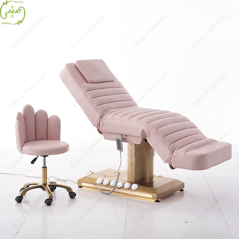 2023 New Designs Beauty Salon Pink 3 Motor Cosmetic Bed Adjustable Electric Facial Massage Table With Led Lighting