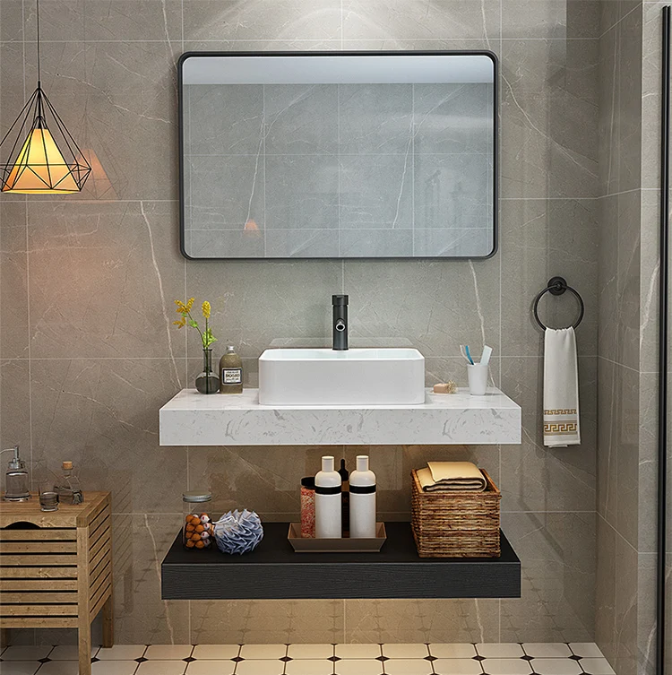 MDF wood Wall Mount sink  bathroom led mirror Vanity  Marble For bath Solid surface wash basin cabinet