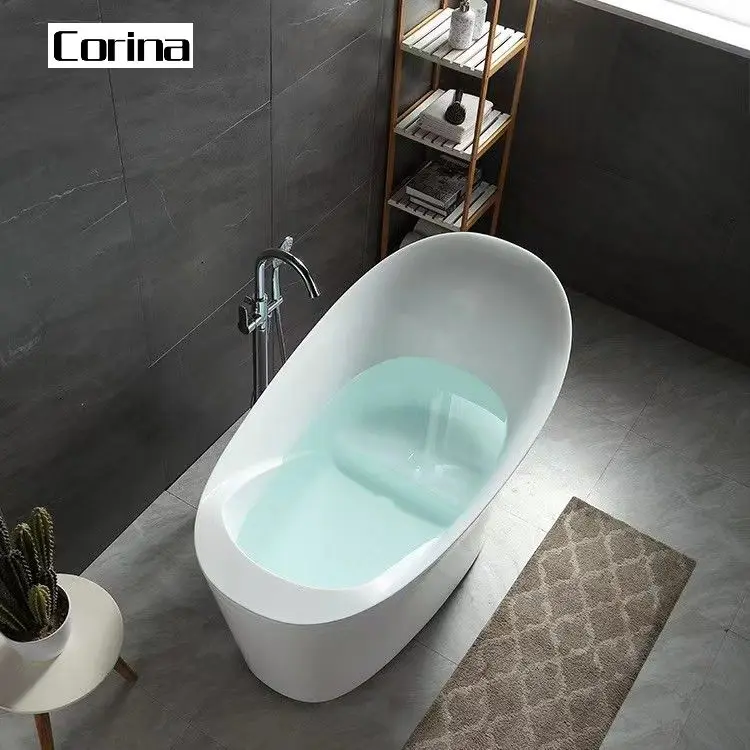 Oval stone white bath tub with high back and seat artificial stone solid surface mini bathtub