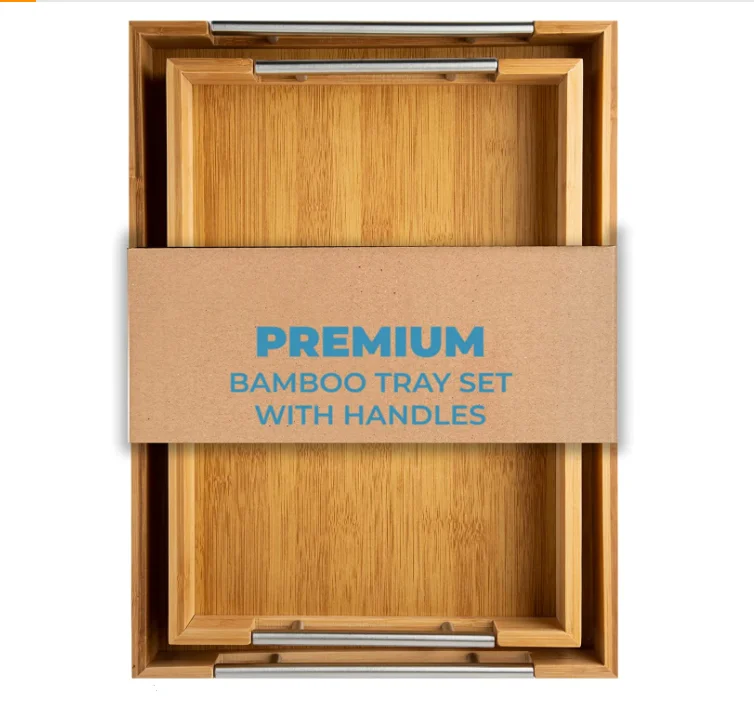 Modern Bamboo Serving Trays with Handle Set of 2 Wooden Trays That Nest Large and Small Tray Set