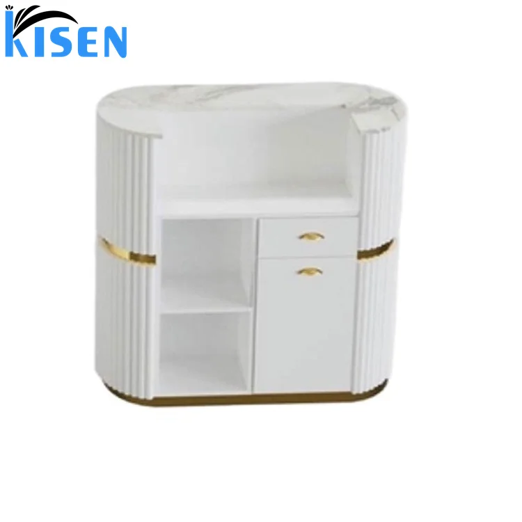 Kisen modern linear reception desk  pink  black blue green counter front table with white marble on the top for sale