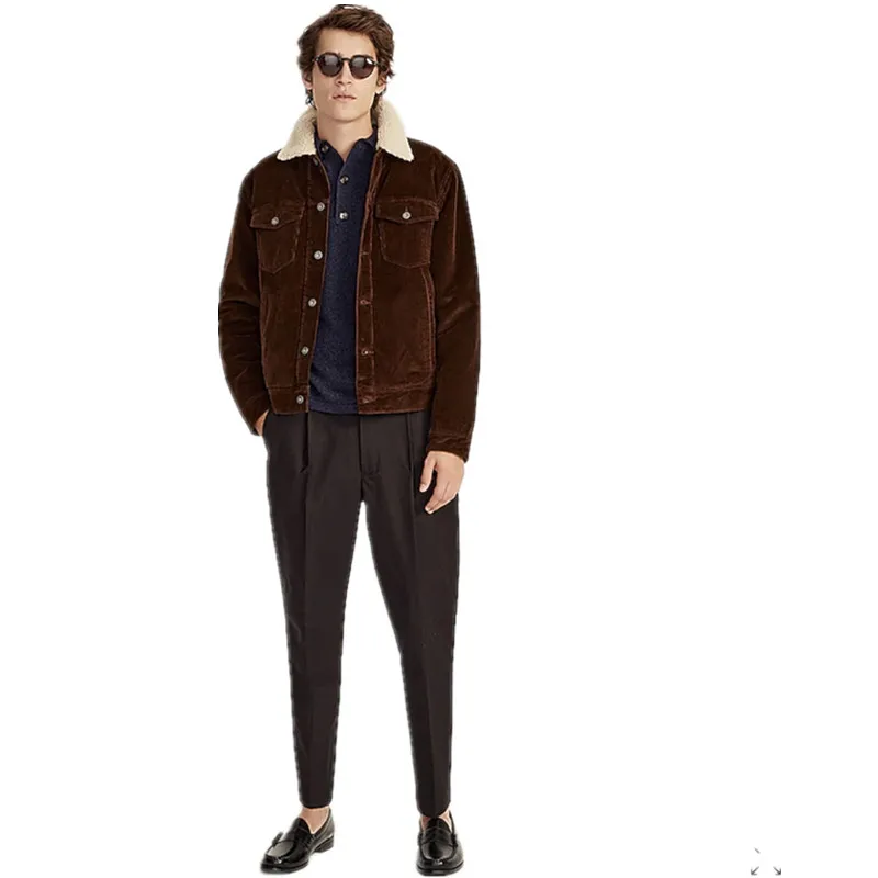 Brown Denim and Sherpa Jacket Winter Warm Custom Turn-down Collar Corduroy Sherpa Fleece Jacket