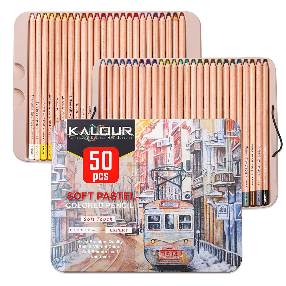 KALOUR  soft 50 colors pastel colored wooden pencil for student with metal tray