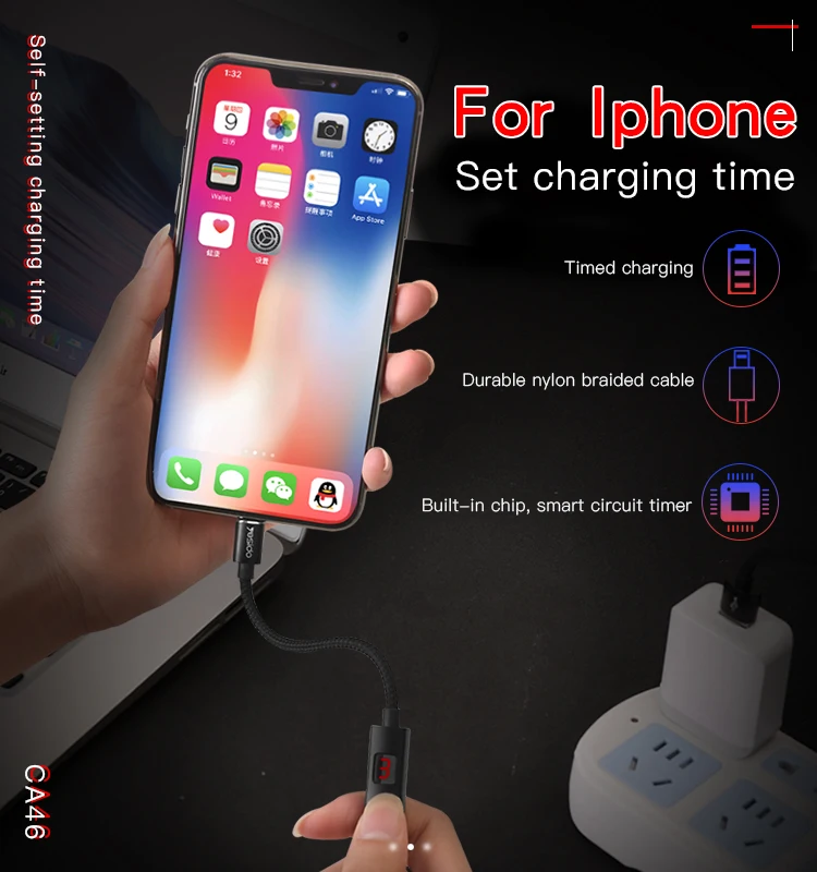 
Yesido Wholesale Data Cable Line Nylon Braided Intelligent Timing Cut Off Usb Charging Cable For Iphone 