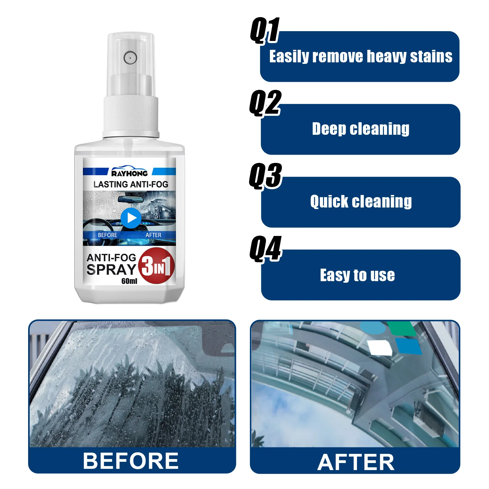 C0892 3-in-1 car anti fog agent  car windshield front and rear home dual purpose cleaning rain and anti fog agent