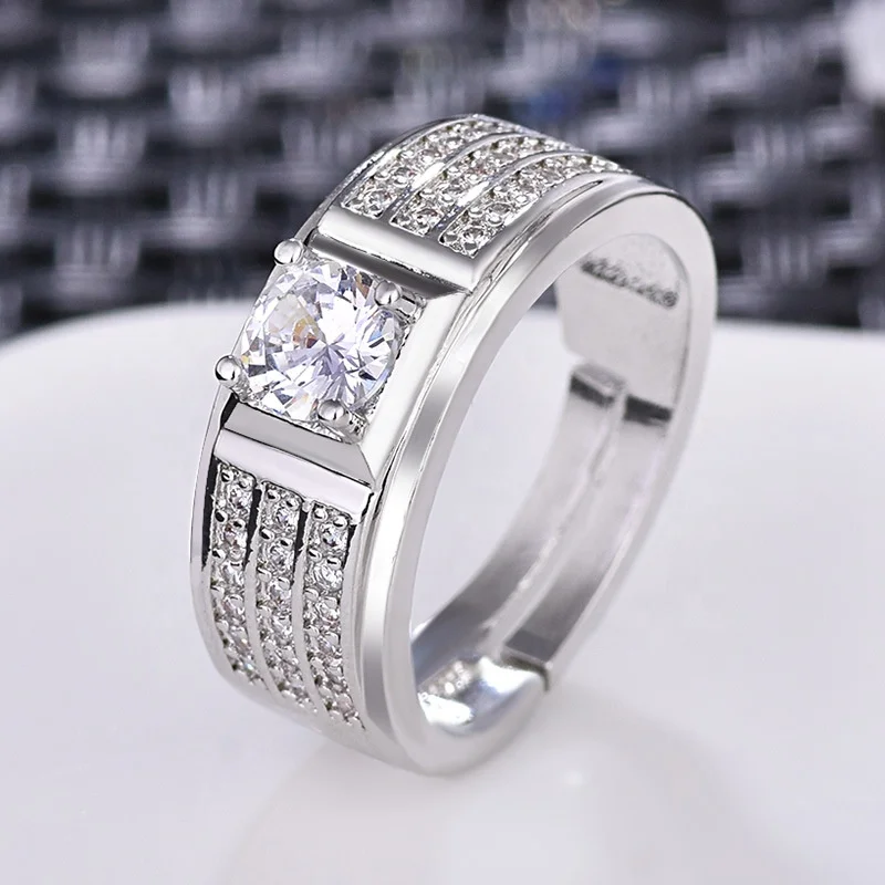  2021 Hot selling trendy jewelry vintage crystal zircon silver plated open rings men wedding engagement diamond adjustable