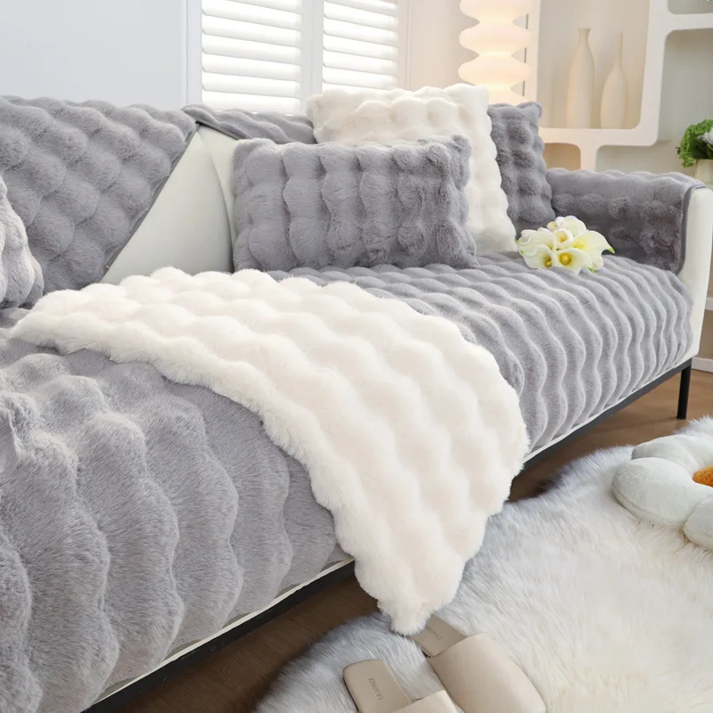 Winter Padded Plush Cushion Non-slip Leather Sofa Cover New Cover Cloth Towel Fleece Machine Wash Modern Solid Printed
