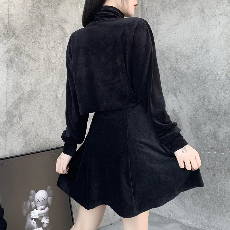 Black Corduroy Two Piece Set Women Clothing Dresses Gothic Mini Ladies Sundresses With Long Sleeve Tops
