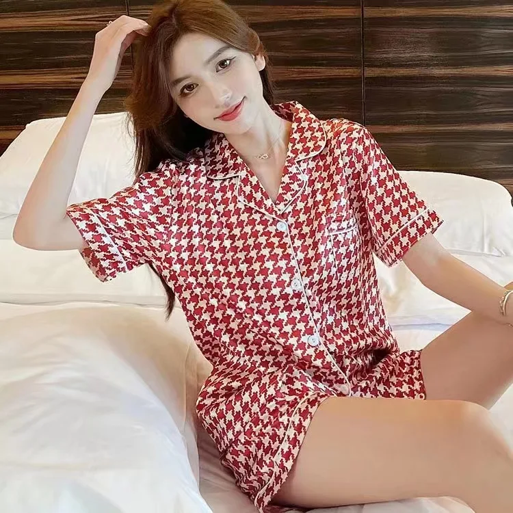 Ice Silk Satin Summer 2 PCS Pajamas Set Women Short Sleeve Fashion Hot Women Sleepwear For Home Outdoor Wear