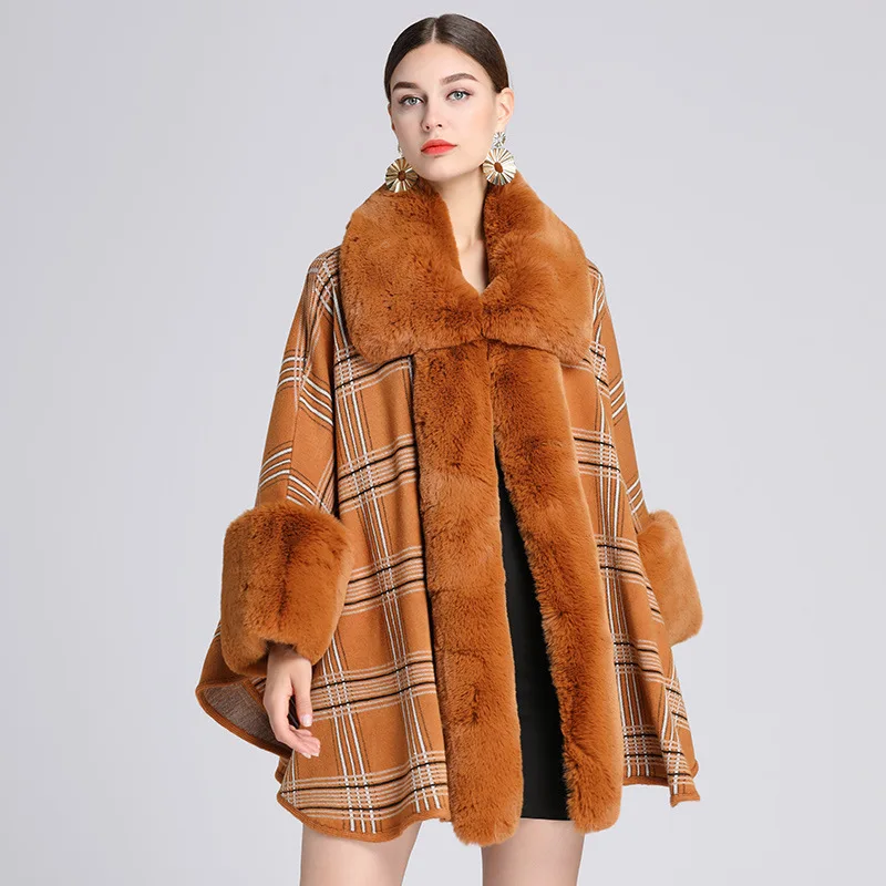 Collar plaid cape large lapel loose size cardigan women faux fur shawl