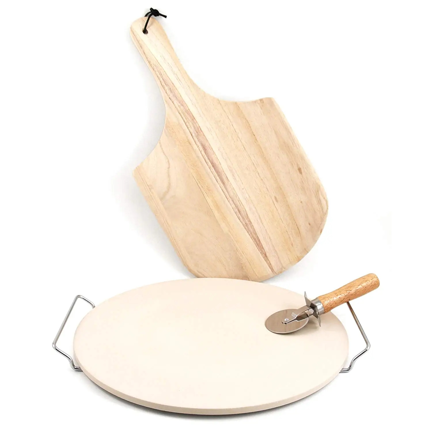 Cordierite pizza stone set,refractory pizza oven stone with pizza cutter wheel,rubber wood pizza peel