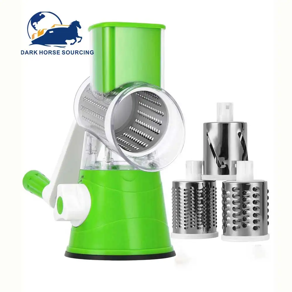 3 in 1 Round spiral 3 drum blades manual mandoline rotary cheese grater fruit vegetable chopper cutter