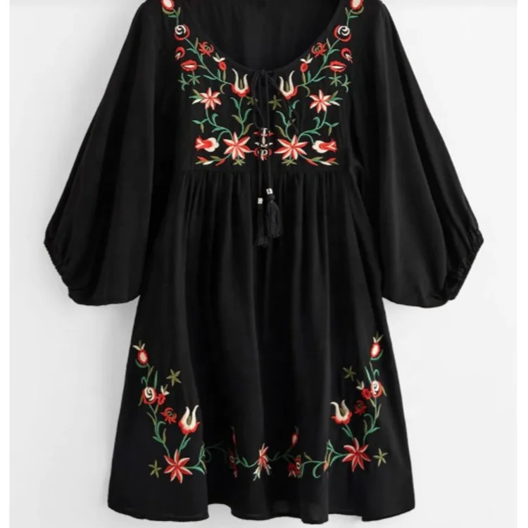 
Custom O-neck empire three quarter sleeve tassel mexican women embroidery tunic dresses STD0400 