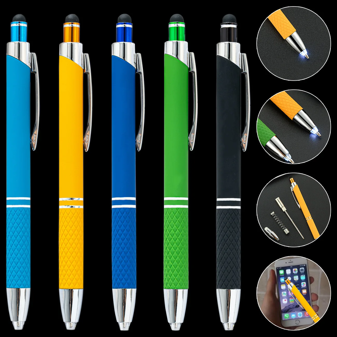 BECOL High End Stylus Ballpoint Pen Rubber Coated Custom Logo Metal Ball Pen With Light Led Tip for Write In Dark Pen