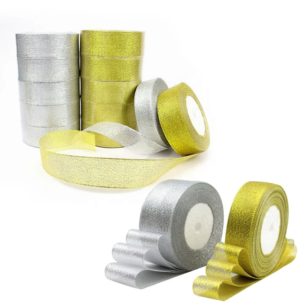 25 Yard/RollGold Silver Glitter Ribbon for Party Gift Packaging Decoration Accessories